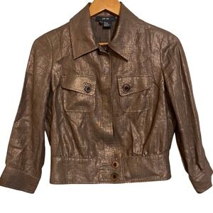 Per Se Metallic Bronze Linen Blend Cropped Utility Jacket Brown Womens Size 4